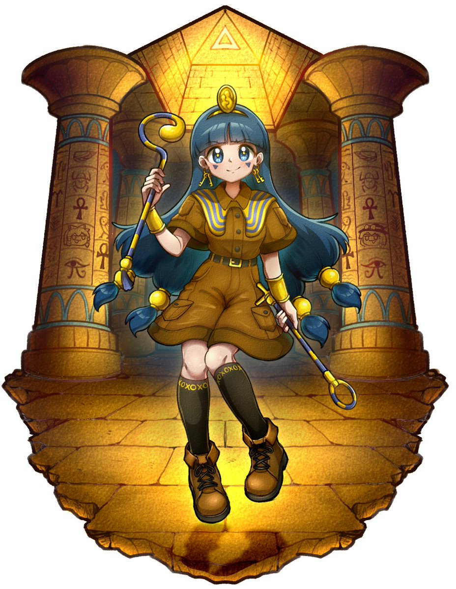 1girl belt black_thighhighs blue_eyes blue_hair blunt_bangs boots brown_boots brown_shirt brown_shorts clover_(clover11_40) collared_shirt earrings facial_mark floating gold_armlet gold_headband holding holding_scepter holding_staff jewelry key_earrings long_hair looking_at_viewer low-tied_long_hair michigami_nareko pillar pyramid_(structure) quad_tails scepter shadow shirt short_sleeves shorts smile solo sphere_hair_ornament staff thighhighs touhou triangle triangle_facial_mark usekh_collar white_background