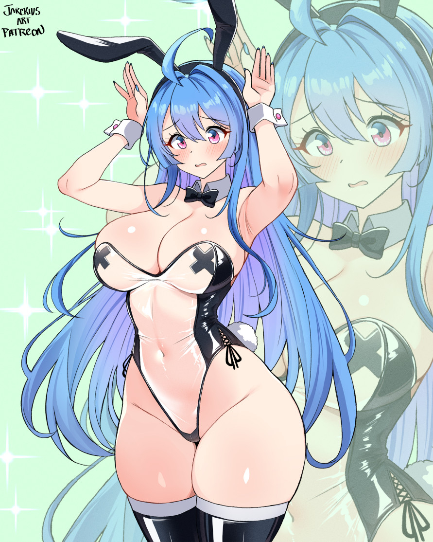 1girl ahoge alternate_costume animal_ears azur_lane bare_shoulders black_thighhighs blue_hair blush breasts commentary covered_navel detached_collar duplicate english_commentary fake_animal_ears helena_(azur_lane) highleg highleg_leotard jarckius large_breasts leotard long_hair meme_attire navel pasties playboy_bunny purple_eyes rabbit_ears rabbit_pose see-through_clothes see-through_leotard solo strapless strapless_leotard thick_thighs thighhighs thighs translucent_bunnysuit very_long_hair