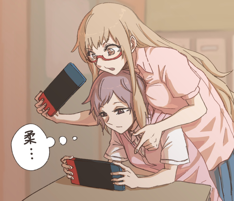 ano_fuji blonde_hair breast_press breast_rest breasts breasts_on_head brown_eyes brown_hair commentary_request gari glasses handheld_game_console holding holding_handheld_game_console large_breasts long_hair miyama_nena nintendo_switch okujou_no_yurirei-san open_mouth pink_shirt shirt translation_request very_long_hair yuri