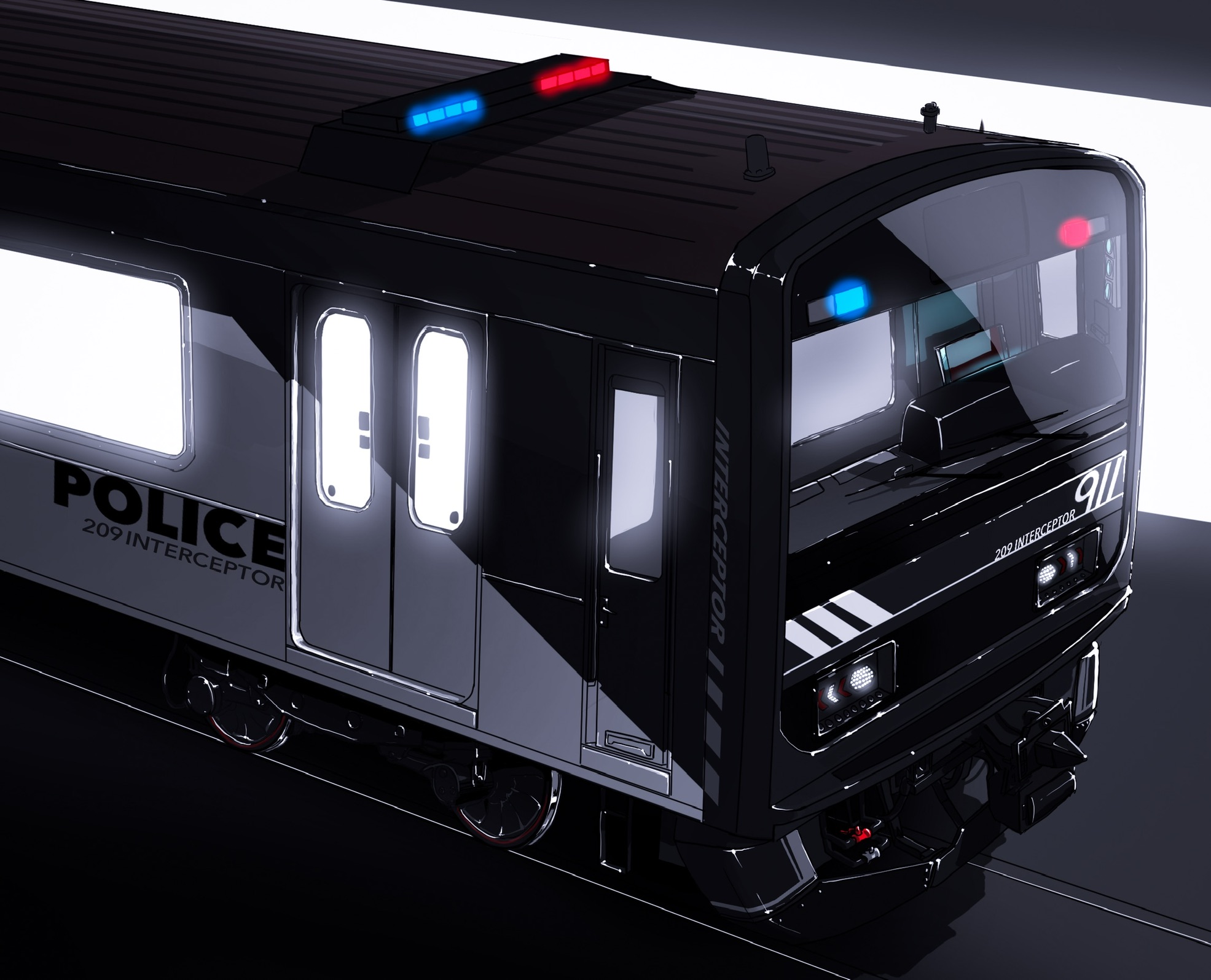 209all east_japan_railway_company highres multiple_unit_train no_humans original police railroad_tracks shirt tagme train vehicle_focus