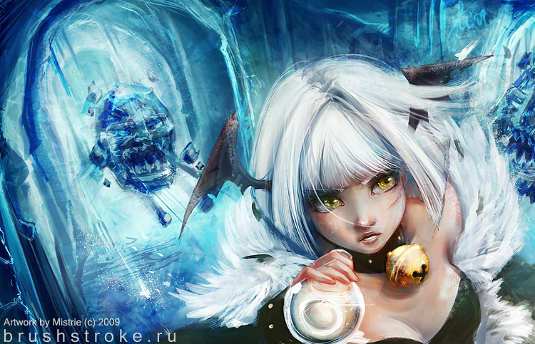 1girl bell black_wings bottle breasts choker cleavage commentary dated demon_wings ekaterina_orange english_commentary fur-trimmed_jacket fur_trim gazeti head_wings holding holding_bottle ice ice_cave jacket jingle_bell looking_to_the_side medium_breasts monster neck_bell open_clothes open_jacket open_mouth potion ragnarok_online rogue_(ragnarok_online) short_hair signature upper_body watermark web_address white_hair wings