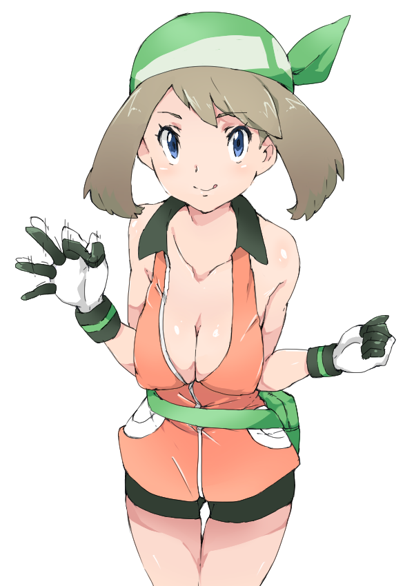 1girl :q bag bandana bare_arms bare_legs bare_shoulders bike_shorts blue_eyes blush breasts brown_hair cleavage clenched_hand closed_mouth collarbone covered_erect_nipples cowboy_shot fanny_pack female_focus flipped_hair gloves green_bandana hand_gesture hands_up large_breasts legs licking_lips looking_at_viewer may_(pokemon) may_(pokemon_emerald) multicolored_gloves naughty_face nintendo open_clothes pokemon pokemon_(anime) pokemon_emerald pokemon_rse pouch sexually_suggestive short_hair simple_background sleeveless smile solo standing tongue tongue_out white_background wigglytuff_(pokeacc)