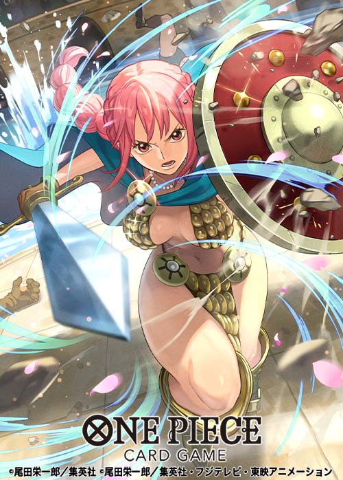 1girl aqua_cape brown_gloves cape commentary_request copyright_name gloves holding holding_shield holding_sword holding_weapon jewelry looking_at_viewer necklace official_art one_piece one_piece_card_game open_mouth otton pearl_necklace pink_hair pink_petals ponytail rebecca_(one_piece) shield sidelocks solo sword weapon