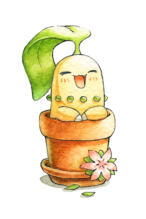 :d ^_^ blush chikorita closed_eyes commentary english_commentary flower flower_pot gen_2_pokemon happy in_pot leaf nintendo no_humans oliver_hamlin open_mouth painting_(medium) pink_flower pokemon pokemon_(creature) simple_background smile solo traditional_media watercolor_(medium) white_background