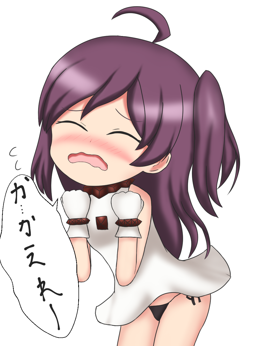 1girl ahoge alternate_costume black_panties blush commentary_request cosplay dress etowaaru etowāru eyebrows closed_eyes hagikaze_(kancolle) highres kantai_collection mittens northern_ocean_hime_(cosplay) panties purple_hair side_ponytail simple_background sleeveless sleeveless_dress translation_request underwear wavy_mouth white_background white_dress