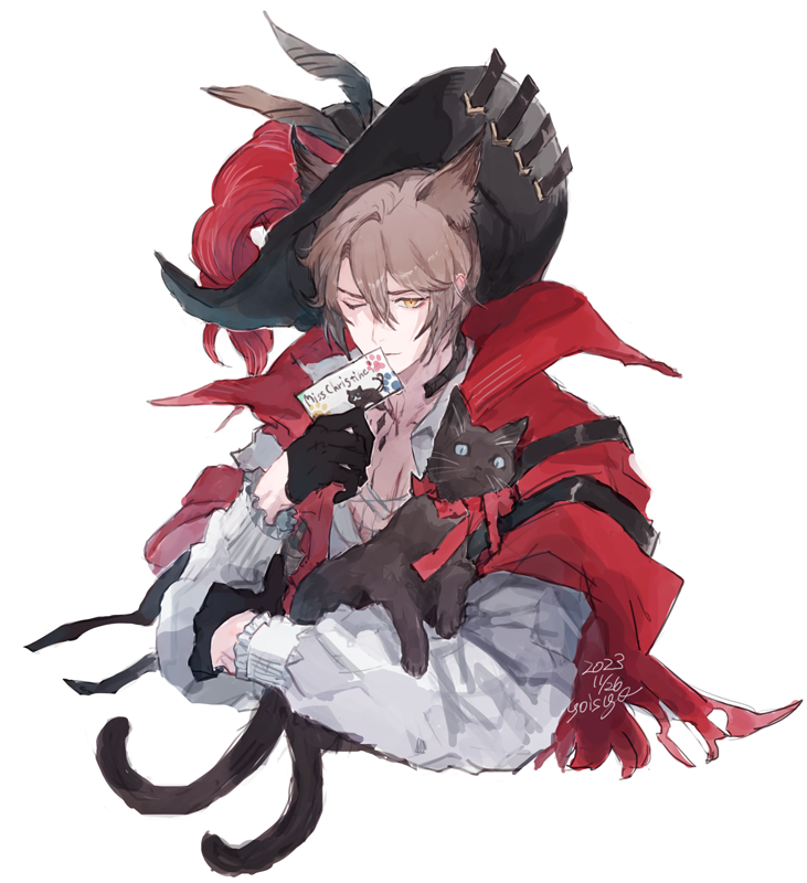 1boy 1girl animal_ears arknights black_cat black_gloves black_headwear brown_eyes brown_hair cape cat cat_ears miss_christine_(arknights) cropped_torso dated gloves half_gloves hat hat_feather multiple_tails official_alternate_costume oisyox72 one_eye_closed phantom_(arknights) phantom_(focus)_(arknights) red_cape shirt signature simple_background tail upper_body white_background white_shirt