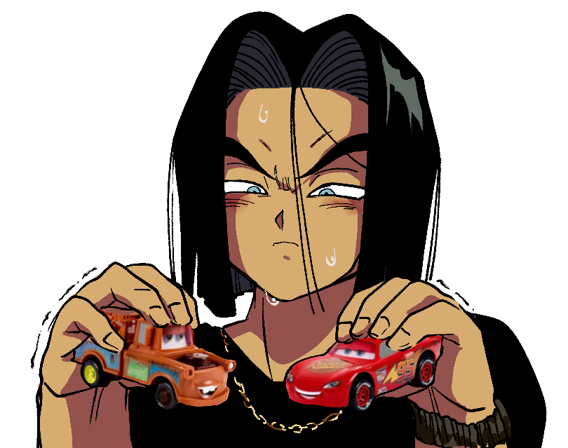 1boy 2others android_17 black_hair black_shirt blue_eyes blush cal_monssi cars_(movie) chain closed_mouth commentary dragon_ball dragonball_z english_commentary gold_chain holding holding_toy jewelry lightning_mcqueen looking_at_object male_focus multiple_others necklace nervous_sweating parted_hair shirt solo sweat tow_mater toy trembling upper_body watch white_background wristwatch