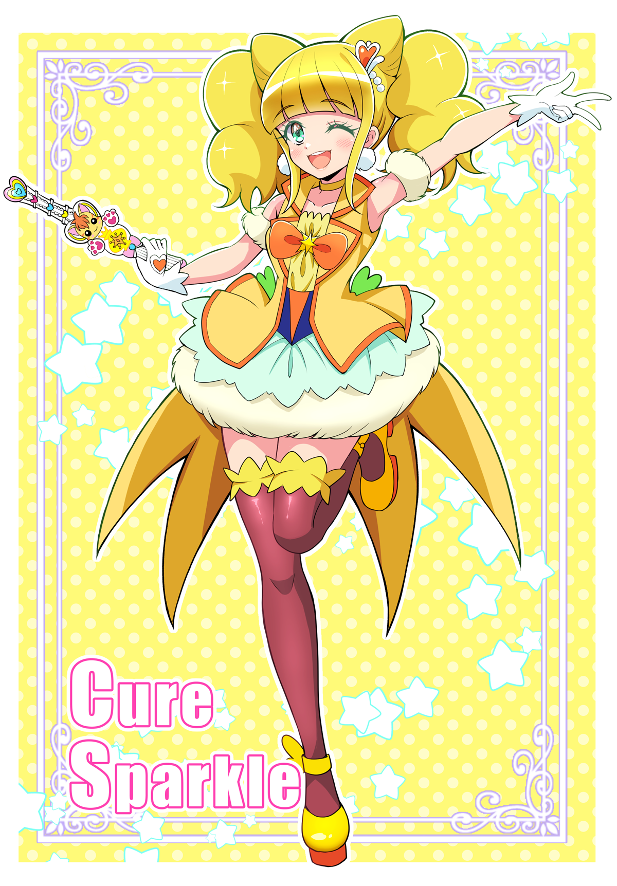 1girl aqua_eyes arm_up blunt_bangs blush bubble_skirt character_name choker coattails commentary cone_hair_bun cure_sparkle earrings english_text full_body gloves hair_bun hair_ornament healin&#039;_good_precure healing_animal healing_wand heart heart_hair_ornament highres hiramitsu_hinata holding holding_wand jewelry kaatsu_katsurou leg_up looking_at_viewer magical_girl medium_hair miniskirt nyatoran_(precure) one_eye_closed open_mouth pom_pom_(clothes) pom_pom_earrings precure red_thighhighs shoes skirt smile solo standing standing_on_one_leg thighhighs twintails v vest wand white_gloves yellow_background yellow_choker yellow_shoes yellow_vest