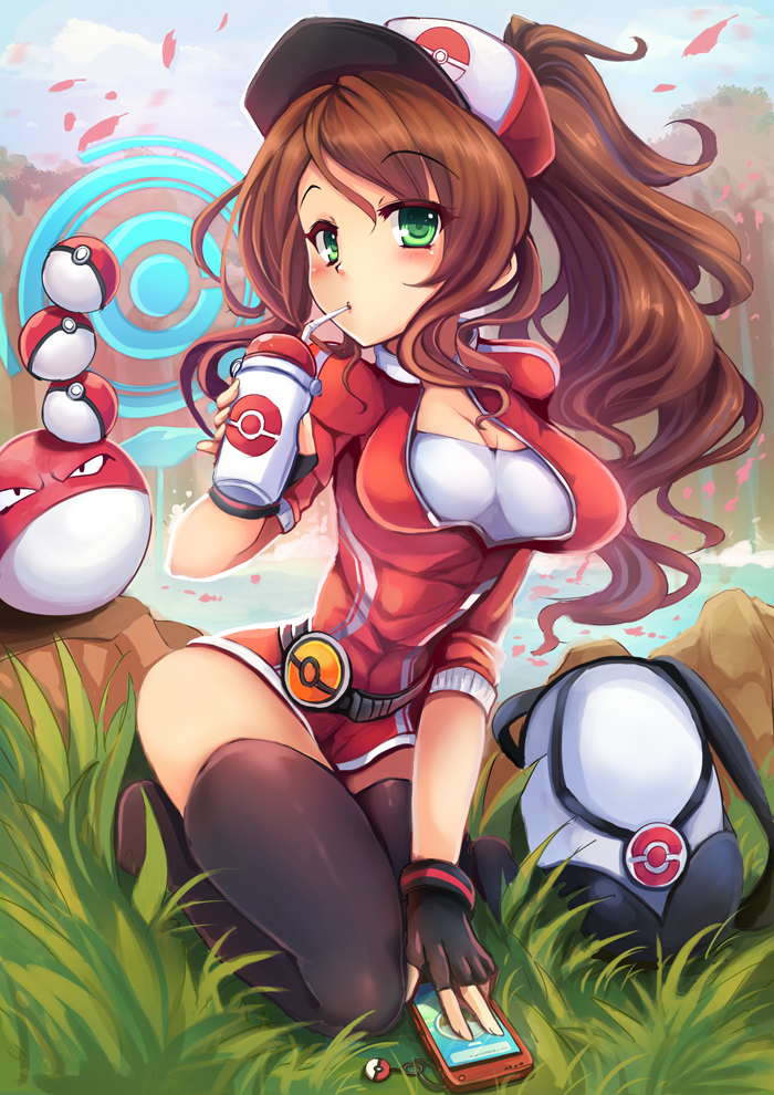 10s 1girl backpack bag baseball_cap black_thighhighs blush brown_hair creatures_(company) drinking female_protagonist_(pokemon_go) fingerless_gloves game_freak gen_1_pokemon gloves goushou green_eyes hat long_hair nintendo poke_ball pokedex pokemon pokemon_(creature) pokemon_go ponytail sitting thighhighs voltorb