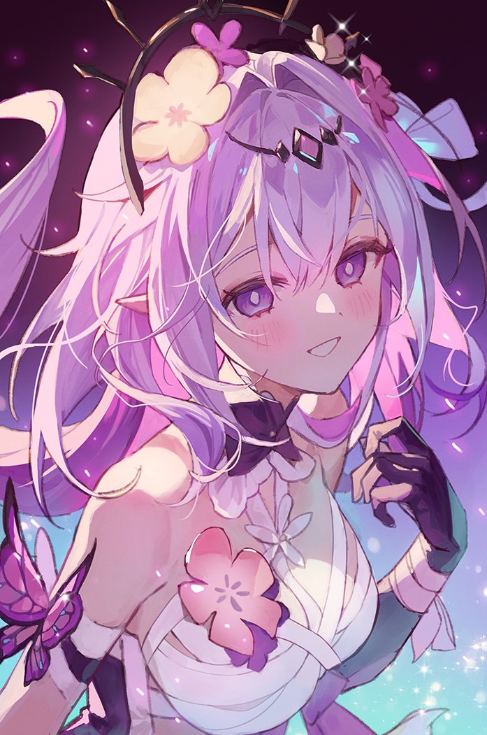 1girl bandages bare_shoulders black_gloves blush breasts bright_pupils castorice_(honkai:_star_rail) commentary_typo gloves grin hashtag-only_commentary honkai:_star_rail honkai_(series) long_hair looking_at_viewer medium_breasts parted_lips purple_eyes purple_hair sha_(nz2) smile solo upper_body