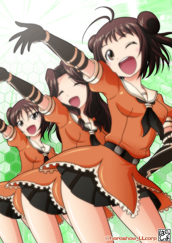 10s 3girls :d ;d ^_^ antenna_hair belt black_gloves black_neckerchief black_skirt blush breasts brown_eyes brown_hair closed_eyes double_bun elbow_gloves frills gloves hair_bun hair_intakes half_updo harada_shoutarou jintsuu_(kancolle) kantai_collection long_hair multiple_girls naka_(kancolle) neckerchief one_eye_closed open_mouth outstretched_arm school_uniform sendai_(kancolle) serafuku short_sleeves skirt small_breasts smile twitter_username two_side_up