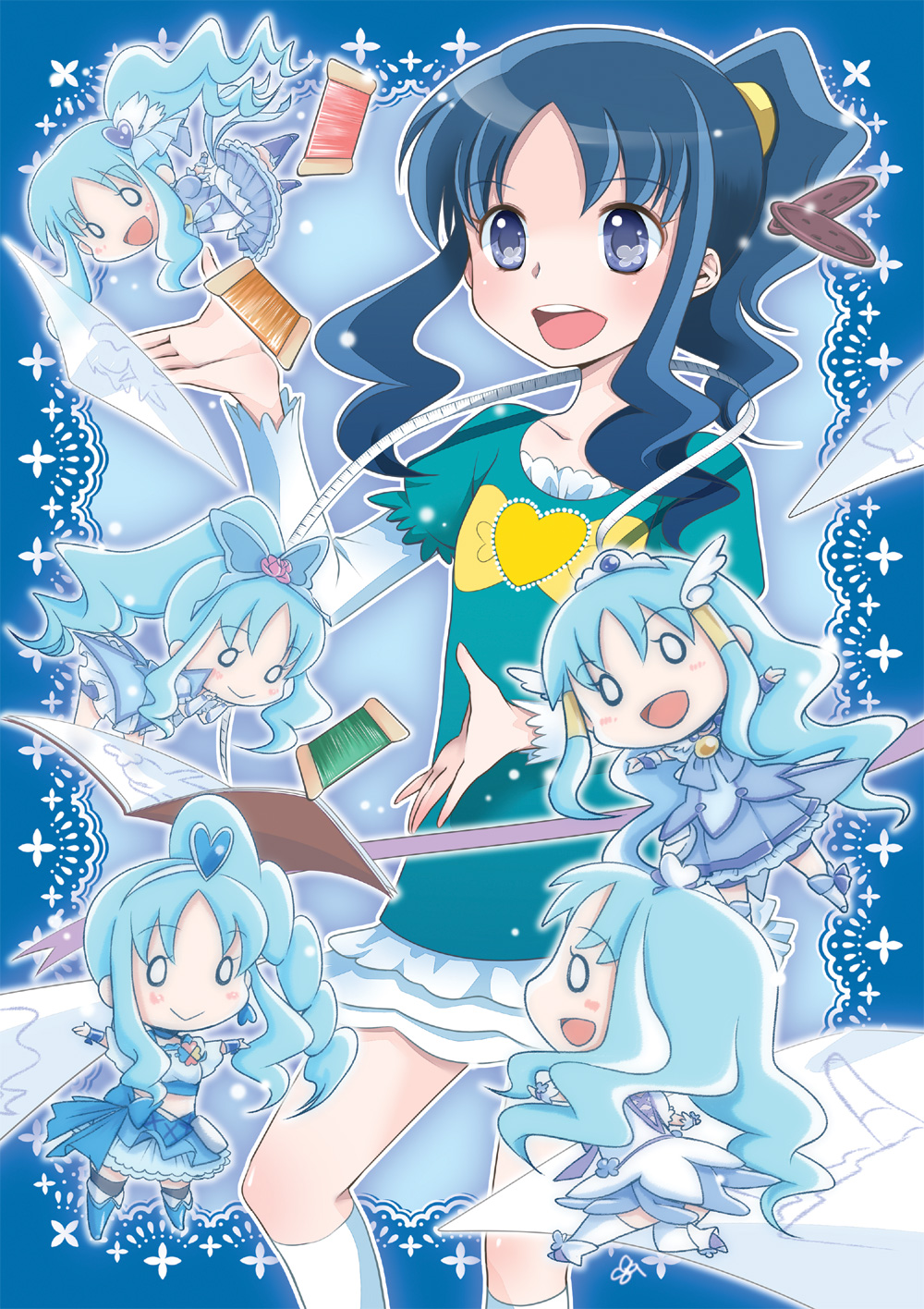 1girl :&gt; :d blue_eyes blue_hair blue_shirt blue_skirt blue_theme brooch casual color_connection cosplay cure_aqua cure_aqua_(cosplay) cure_beat cure_beat_(cosplay) cure_beauty cure_beauty_(cosplay) cure_berry cure_berry_(cosplay) cure_marine fresh_precure! hair_ornament heart heart_brooch heart_hair_ornament heartcatch_precure! highres kurumi_erika long_hair lovelabo magical_girl o_o open_mouth ponytail precure shirt skirt smile smile_precure! spool suite_precure tape_measure yes!_precure_5