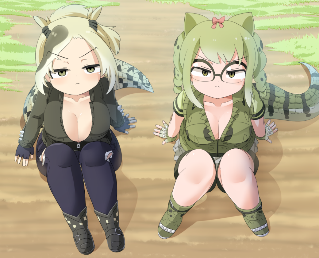 2girls :&lt; black-framed_eyewear black_footwear black_gloves black_pants black_shorts blush boots bow braid breasts cleavage closed_mouth collarbone commentary_request dirt fingerless_gloves from_above full_body glasses gloves grass green_eyes green_footwear green_hair green_shirt hair_bow kemono_friends large_breasts lets0020 lizard_tail looking_at_viewer multiple_girls pants pink_bow saltwater_crocodile_(kemono_friends) shirt short_hair short_sleeves shorts sitting spectacled_caiman_(kemono_friends) tail torn_clothes torn_pants twin_braids v-shaped_eyebrows