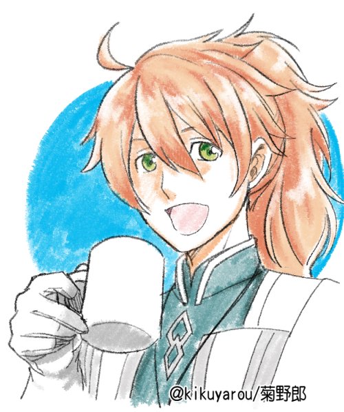 1boy commentary_request cup fate/grand_order fate_(series) gloves green_eyes holding holding_cup kikuyarou lanyard long_hair male_focus mug open_mouth orange_hair ponytail portrait romani_archaman smile solo twitter_username white_gloves