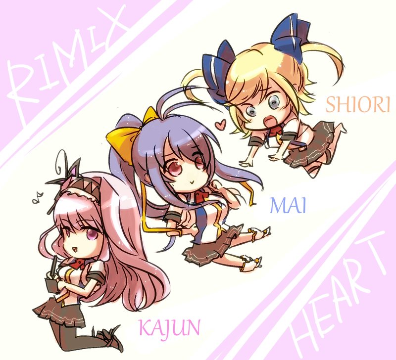 3girls antenna_hair blazblue blazblue_remix_heart blonde_hair blue_hair blush boots bow breasts butterfly_hair_ornament character_name chibi english_text full_body genderswap genderswap_(mtf) hair_bow hair_ornament hairband heart heart-shaped_pupils kajun_faycott knee_boots large_breasts long_hair mai_natsume medium_breasts multiple_girls notepad open_mouth outstretched_arms pantyhose pen ponytail purple_eyes purple_hair ribbon school_uniform shiori_kirihito shoes smile soumamigiri symbol-shaped_pupils two_side_up typo very_long_hair writing yellow_bow