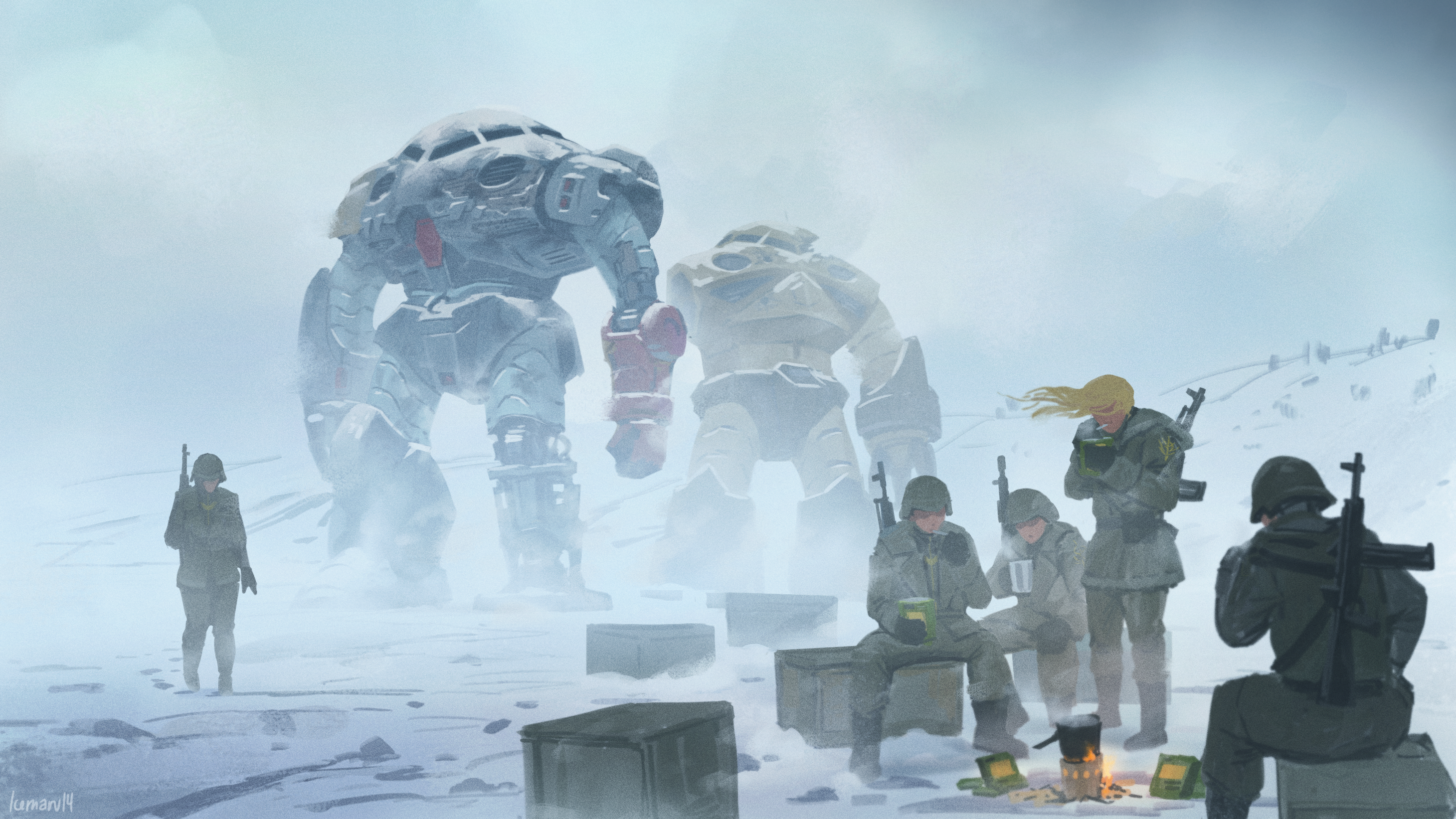 5boys ammunition_box artist_name assault_rifle black_footwear blonde_hair boots cigarette combat_helmet commentary cup eating english_commentary field_ration floating green_jacket green_pants gun gundam gundam_0080 helmet highres holding holding_cup icemarv14 jacket long_hair mecha military_combat_uniform military_uniform mobile_suit mouth_hold multiple_boys outdoors overcast pants rifle robot science_fiction sitting sky smoking snow soldier standing weapon weapon_on_back winter z'gok z'gok-e zeon