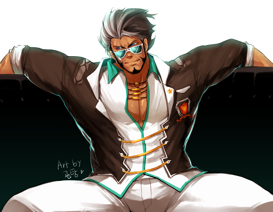 1boy alternate_hairstyle arms_at_sides bara beard black_hair cyphers damian_doyle_(cyphers) dark-skinned_male dark_skin facial_hair feet_out_of_frame gomtang looking_to_the_side male_focus mature_male multicolored_hair muscular muscular_male pants partially_unbuttoned pectoral_cleavage pectorals short_hair solo split-color_hair spread_legs sunglasses third-party_source white_hair white_pants