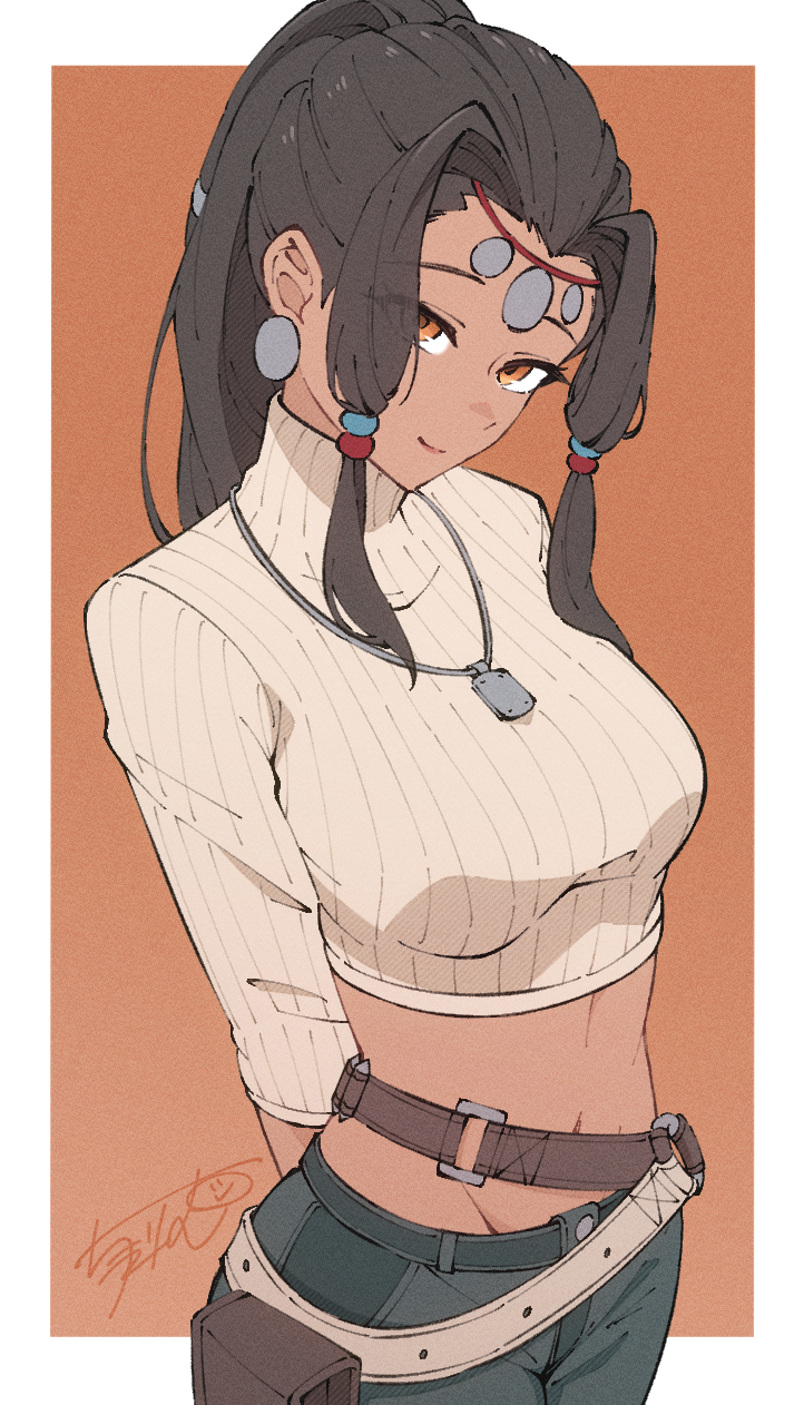 1girl arms_behind_back belt belt_pouch black_hair border breasts cherrrim closed_mouth cowboy_shot cropped_sweater dark-skinned_female dark_skin earrings groin head_tilt high_ponytail highres jewelry kasa_(zenless_zone_zero) large_breasts long_hair looking_at_viewer midriff multiple_belts navel orange_eyes outside_border pants pendant ponytail pouch smile solo stomach sweater taut_clothes taut_sweater white_border zenless_zone_zero