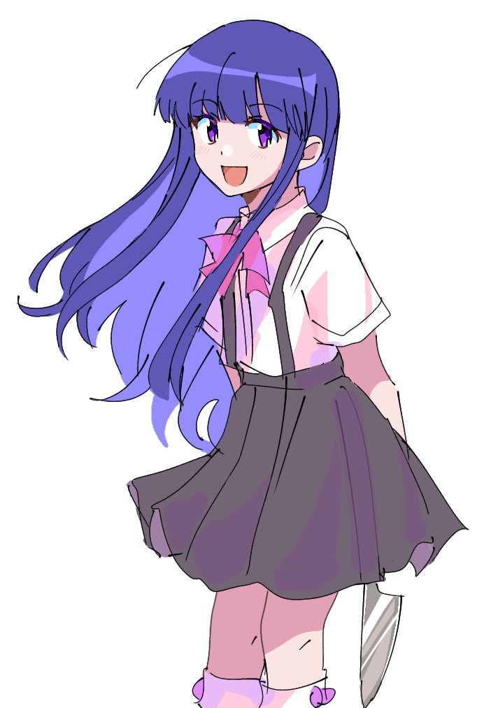 1girl :d arms_behind_back bow bow_legwear bowtie cowboy_shot floating_hair furude_rika grey_skirt higurashi_no_naku_koro_ni holding holding_knife holding_weapon kitchen_knife kneehighs knife long_hair looking_at_viewer miniskirt open_mouth pink_bow pink_bowtie purple_bow purple_eyes purple_hair shirt short_sleeves sierit simple_background skirt smile socks solo suspender_skirt suspenders weapon white_background white_shirt white_socks