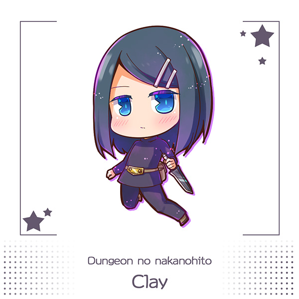 1girl belt_pouch blue_eyes blush blush_stickers character_name chibi clay_(dungeon_people) closed_mouth copyright_name dagger dungeon_people eyebrows_hidden_by_hair flat_chest full_body grey_hair hair_ornament hairclip holding holding_dagger holding_knife holding_weapon knife looking_at_viewer medium_hair pants pouch purple_footwear purple_pants purple_shirt shirt simple_background solo sparkle standing standing_on_one_leg suntail weapon white_background