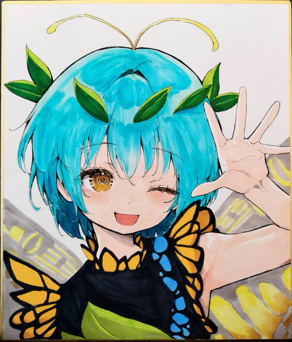 1girl ;d antennae aqua_hair black_dress butterfly_wings commentary_request dress eternity_larva green_dress highres insect_wings leaf leaf_on_head looking_at_viewer marker_(medium) mikan_(manmarumikan) one_eye_closed open_mouth shikishi short_hair sleeveless sleeveless_dress smile solo touhou traditional_media upper_body waving wings yellow_eyes