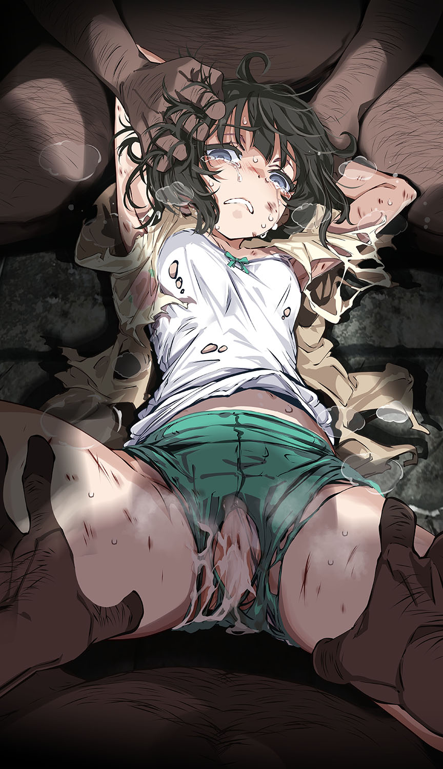 1girl 2boys after_rape aftersex black_hair blue_eyes bruise clenched_teeth clothing_aside cum cum_in_pussy dark-skinned_male dark_skin grabbing_another&#039;s_arm grabbing_another&#039;s_hair grabbing_another&#039;s_leg group_sex highres holding_another&#039;s_hair injury large_variant_set loli messy_hair multiple_boys nintendo paid_reward_available panties panties_aside pokemon pokemon_sm pussy selene_(pokemon) tears teeth torn_clothes tsukishiro_saika underwear variant_set wide-eyed