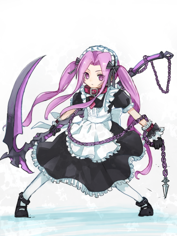 1girl alternate_costume amadoi_(amadowi) apron black_dress black_gloves black_shoes chain collar commentary_request dress enmaided expressionless fate/grand_order fate_(series) full_body gloves harpe_(fate/grand_order) holding holding_weapon long_hair looking_at_viewer maid maid_apron maid_headdress medusa_(fate) medusa_(lancer)_(fate) puffy_short_sleeves puffy_sleeves purple_eyes purple_hair red_collar rider shoes short_sleeves solo twintails weapon white_apron