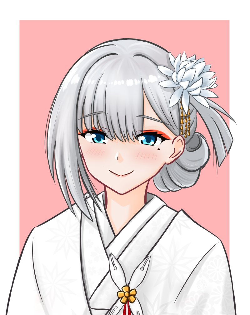 1girl azur_lane blue_eyes blush commentary commentary_request crane_enthusiast dress english_commentary grey_hair hair_between_eyes hair_bun hair_intakes japanese_clothes kimono lotus_hair_ornament mole official_alternate_costume shoukaku_(azur_lane) shoukaku_(white_crane_of_domestic_bliss)_(azur_lane) side_part smile upper_body wedding_dress white_kimono