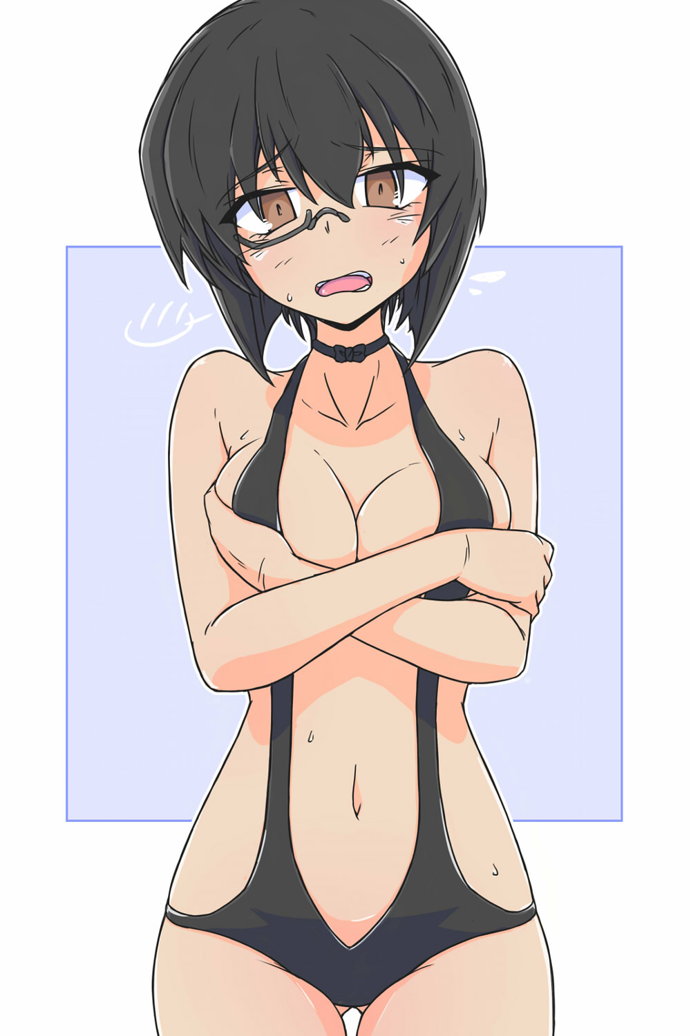 1girl black_choker black_hair black_slingshot_swimsuit blush breasts brown_eyes choker cleavage crossed_arms embarrassed girls_und_panzer highres kawashima_momo large_breasts looking_at_viewer monocle navel open_mouth renshiu short_hair slingshot_swimsuit solo sweat swimsuit