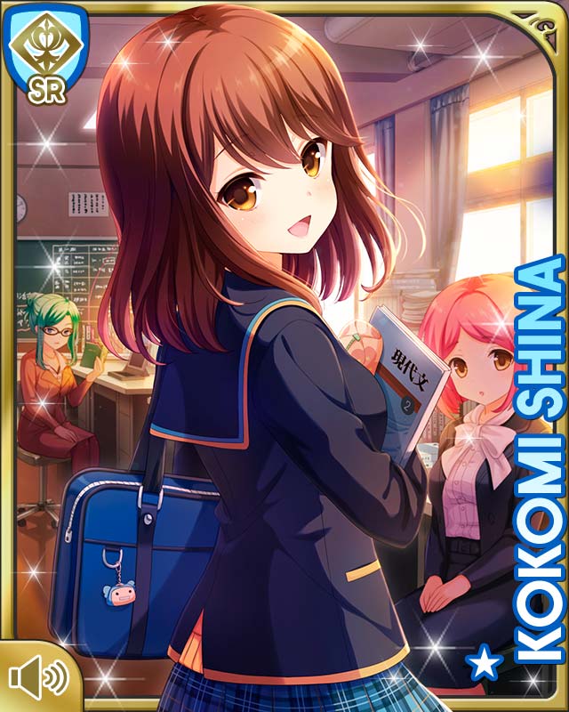 3girls blazer blue_jacket brown_eyes brown_hair chair classroom cyberagent day dress_shirt girlfriend_(kari) indoors jacket kneehighs long_hair multiple_girls official_art open_mouth plaid_clothes plaid_skirt qp:flapper school school_uniform shiina_kokomi shirt side_veiw skirt socks standing sunset sweater tachibana_kyouko_(girlfriend_(kari)) teacher