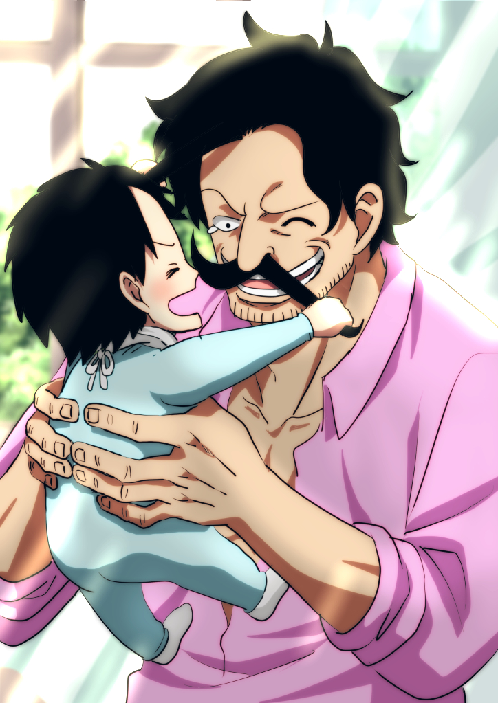 2boys ^_^ aged_down alternate_universe baby beard_stubble black_hair carrying_baby carrying_person closed_eyes collared_shirt commentary_request facial_hair father_and_son gol_d._roger male_focus multiple_boys musasabiop mustache one_eye_closed one_piece pink_shirt portgas_d._ace shirt short_hair smile stubble