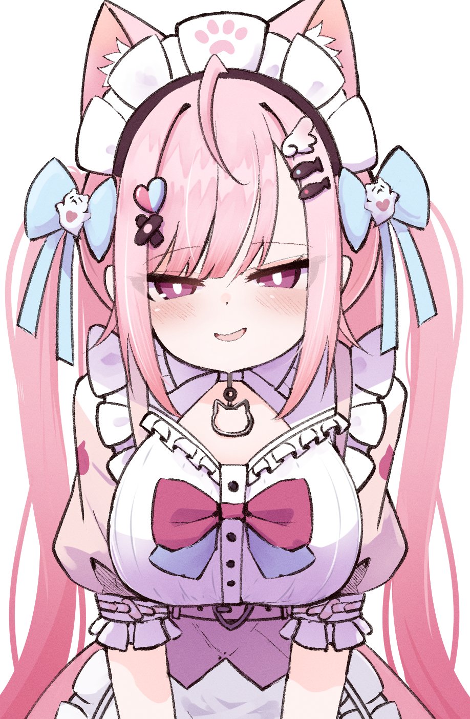 1girl animal_ears animal_print belt blue_bow blush bow breasts cat_choker cat_ears cat_girl cat_print cleavage_cutout clothing_cutout commentary dress extra_ears fish_hair_ornament frilled_dress frills ghost_hair_ornament hair_bow hair_ornament hairclip heart heart_hair_ornament highres indie_virtual_youtuber large_breasts long_hair looking_at_viewer maid maid_headdress milk_tea_1993 open_mouth paw_print pink_belt pink_bow pink_dress pink_eyes pink_hair short_sleeves simple_background smile solo two_side_up virtual_youtuber white_background wing_hair_ornament yuuki_sakuna