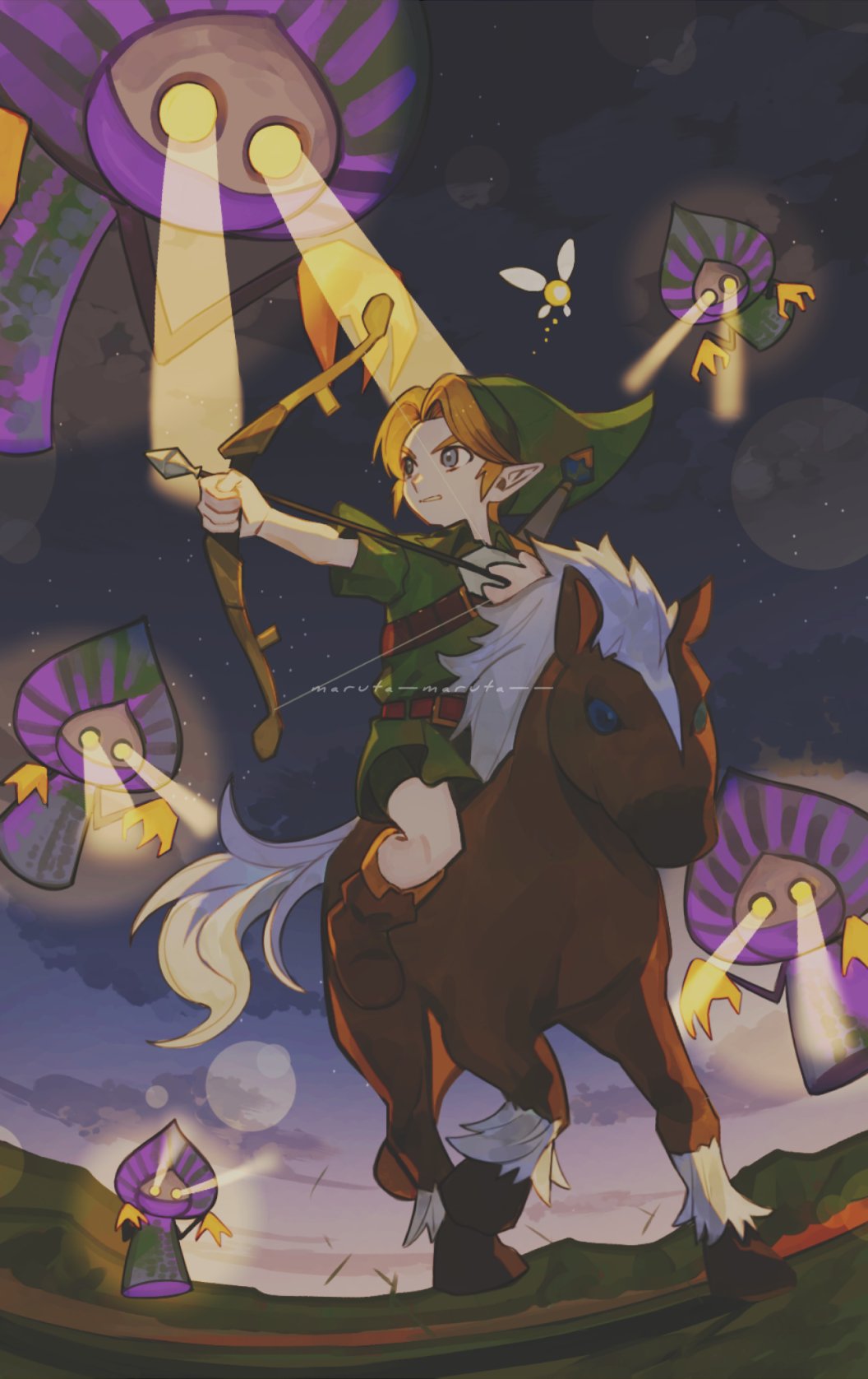 1boy archery arrow_(projectile) artist_name blonde_hair blue_eyes boots bow_(weapon) brown_footwear clenched_teeth drawing_arrow epona fairy furrowed_brow glowing glowing_eyes green_hat green_tunic hat highres holding holding_arrow holding_bow_(weapon) holding_weapon horseback_riding hose link male_focus maruta_maruta navi nintendo pants parted_bangs pointy_ears pointy_hat riding short_hair sidelocks teeth the_legend_of_zelda the_legend_of_zelda:_majora&#039;s_mask them_(zelda) tunic weapon white_pants