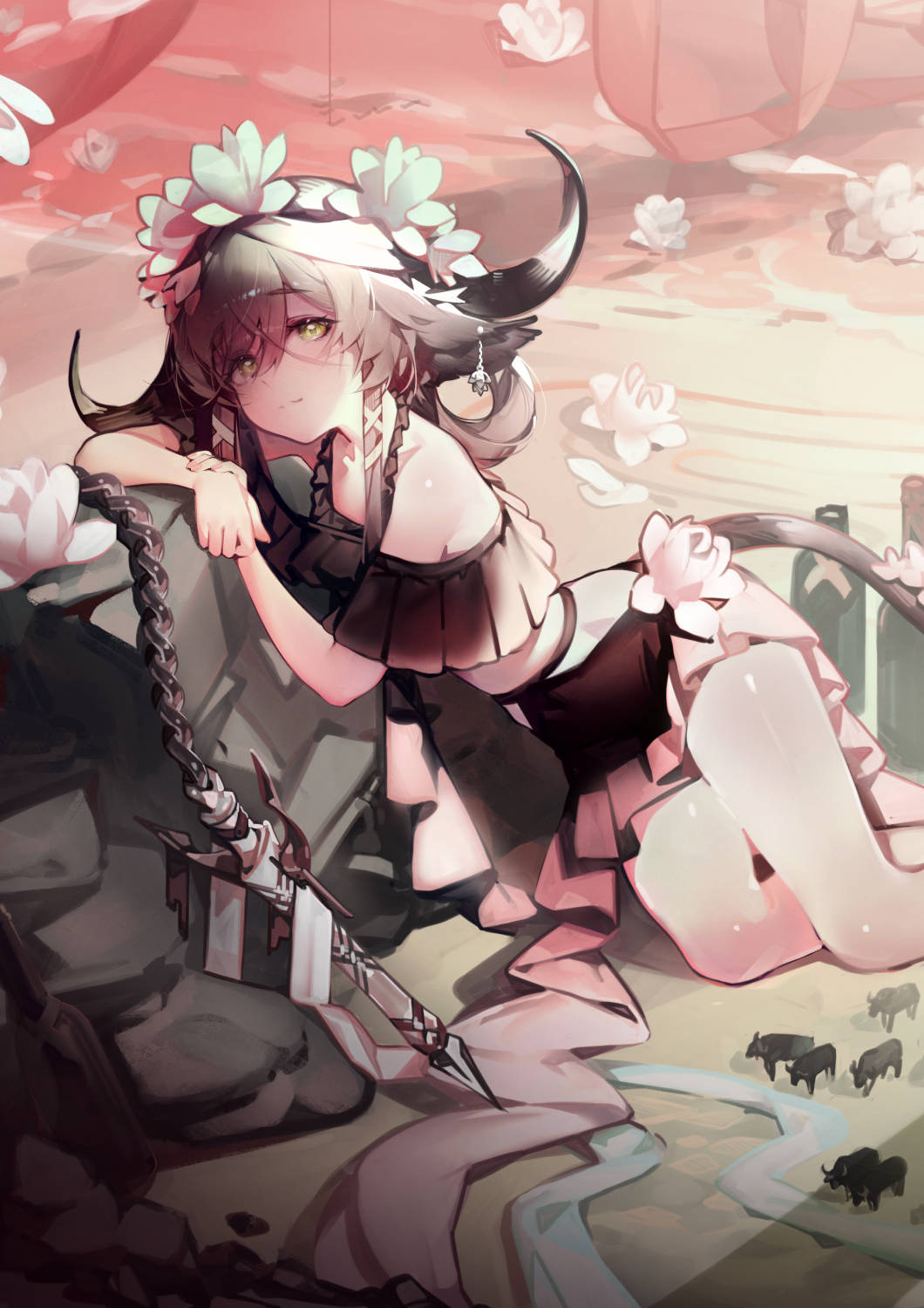 1girl alternate_costume animal_ears arknights beach bikini black_bikini brown_hair cow_ears cow_girl cow_horns cow_tail flower grey_eyes hair_flower hair_ornament highres horns looking_at_viewer official_style pallas_(arknights) ribiadan sand short_hair solo swimsuit tail water white_flower