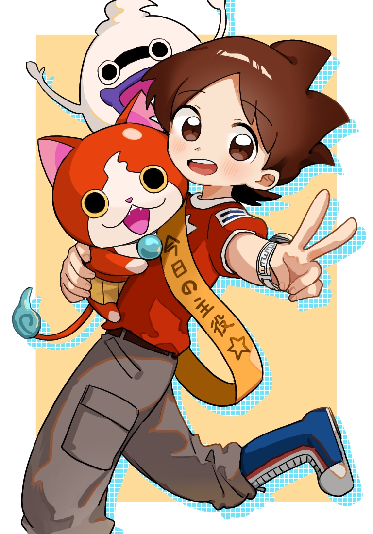 1boy :3 :d amano_keita behind_another blue_footwear border brown_eyes brown_hair cargo_pants colored_shadow cowboy_shot creature drop_shadow grey_pants hand_up happy happy_birthday holding holding_creature jibanyan knee_up looking_at_viewer looking_to_the_side male_focus open_mouth outside_border outstretched_arm pants red_shirt shadow shirt short_hair smile solid_circle_pupils solo standing standing_on_one_leg t-shirt teeth upper_teeth_only v vkhp5554 watch whisper_(youkai_watch) white_border wristwatch yellow_background youkai_(youkai_watch) youkai_watch