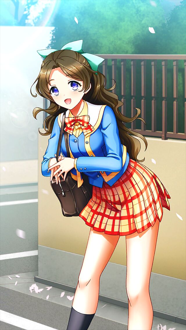 1girl :d aqua_bow bag black_socks blue_eyes blue_jacket blue_vest bow brown_hair cherry_blossoms day doukyuusei_(series) doukyuusei_another_world game_cg hair_bow jacket kakyuusei_(series) kakyuusei_2 leaning_forward long_hair long_sleeves looking_at_viewer miniskirt official_art open_clothes open_jacket open_mouth orange_skirt outdoors plaid_clothes plaid_skirt pleated_skirt sailor_collar school_bag school_uniform shirai_yuuri skirt smile socks solo standing third-party_source very_long_hair vest white_sailor_collar