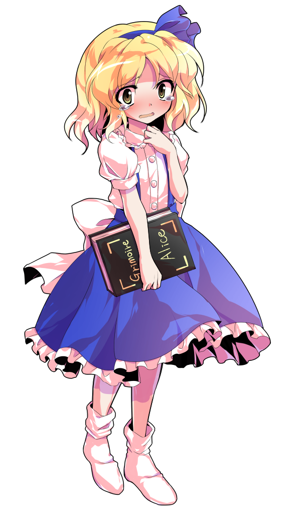 1girl alice_margatroid alice_margatroid_(pc-98) alphes_(style) bare_arms blonde_hair blue_hairband blue_ribbon blue_skirt blush bobby_socks book buttons commentary_request dairi english_text frilled_skirt frills full_body grimoire_of_alice hair_between_eyes hairband holding holding_book large_variant_set leg_up legs_apart open_book parody parted_bangs puffy_short_sleeves puffy_sleeves ribbon shirt short_hair short_sleeves skirt socks solo standing style_parody tachi-e touhou touhou_(pc-98) transparent_background variant_set white_shirt white_socks
