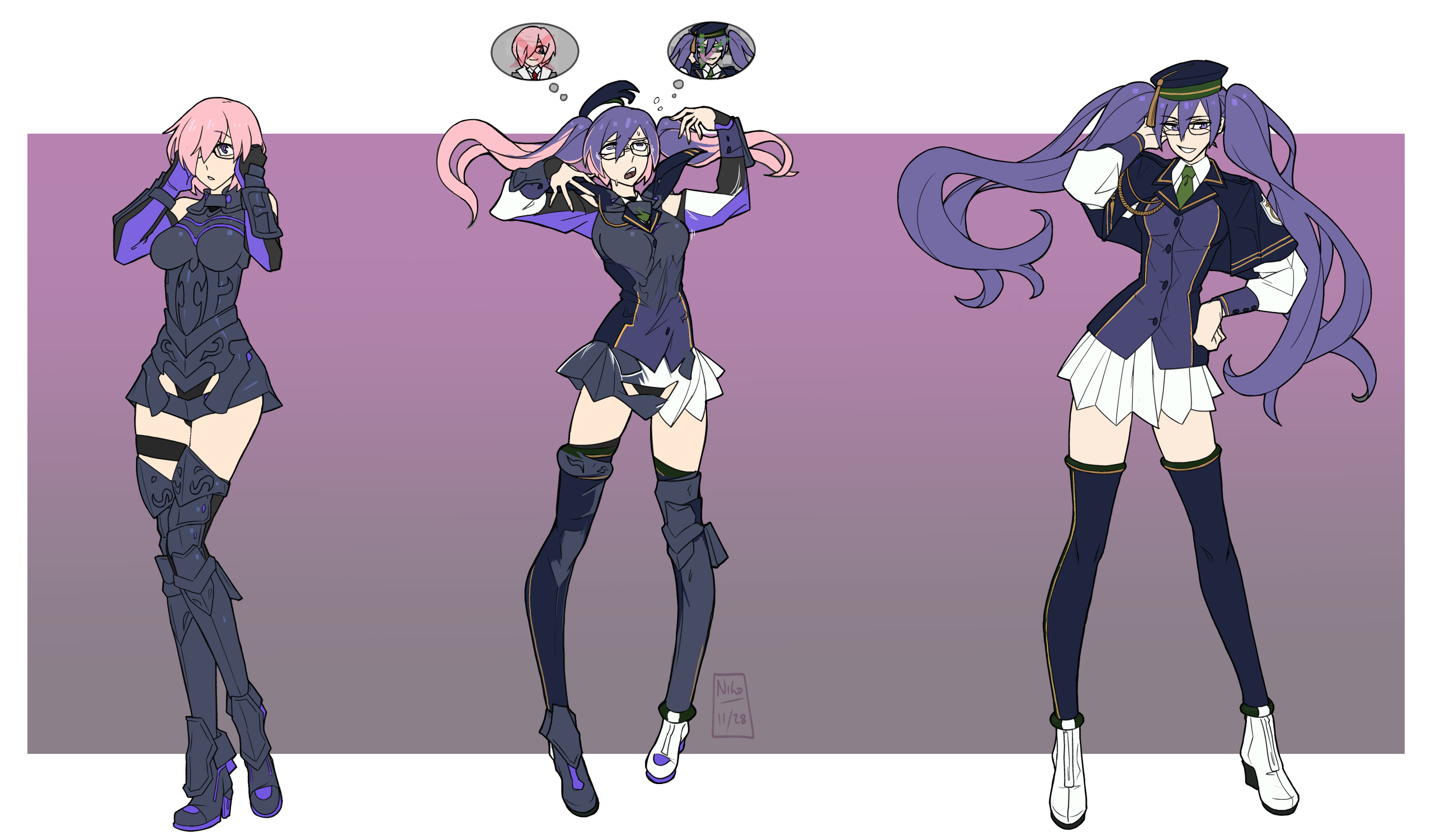 2girls armor armored_dress black_dress black_footwear black_gloves black_panties black_thighhighs blue_capelet blue_eyes blue_vest boots breasts capelet collared_shirt commentary dress elbow_gloves english_commentary fate/grand_order fate_(series) fusion glasses gloves hands_on_eyewear high_heels highres kamuify looking_at_viewer mash_kyrielight mash_kyrielight_(demi-servant) medium_breasts multicolored_hair multiple_girls panties parted_lips pink_hair pleated_skirt purple_eyes sequential shirt sion_eltnam_(type-moon) sion_eltnam_sokaris skirt smile smug thigh_strap thighhighs transformation twintails two-tone_hair underwear vest white_footwear white_shirt