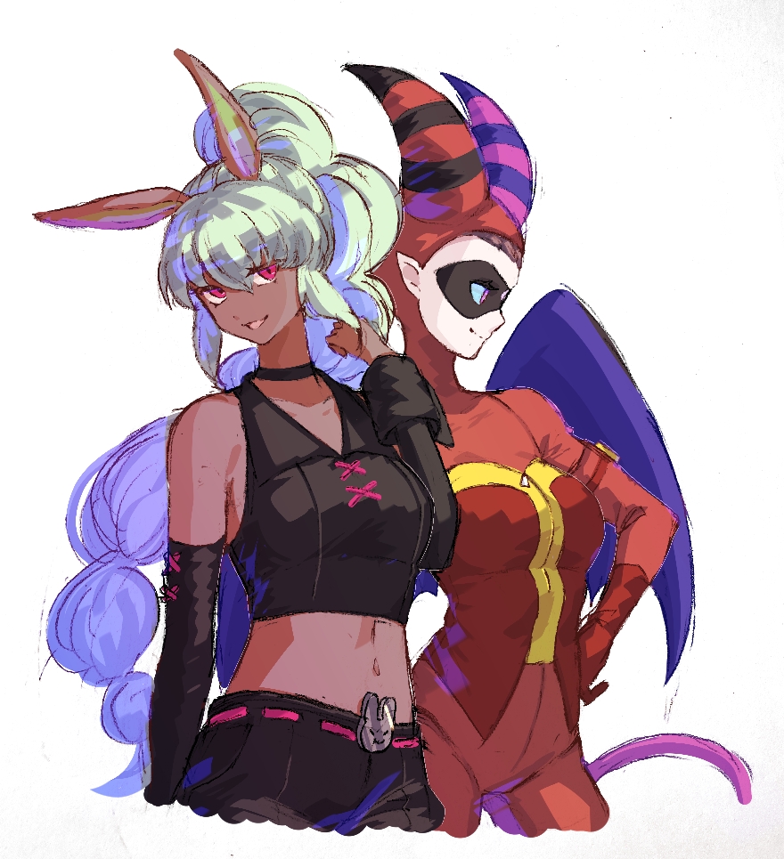 2girls animal_ears black_choker breasts bunny_mint choker collarbone demon_horns demon_wings detached_sleeves domino_mask hand_on_own_hip high_ponytail horns jagaimobeniko long_hair looking_at_viewer mask medium_breasts midriff multiple_girls navel pink_eyes pointy_ears ponytail rabbit_ears rabbit_girl saki-chan_(youkai_watch) simple_background tail very_long_hair white_background wings youkai_(youkai_watch) youkai_watch