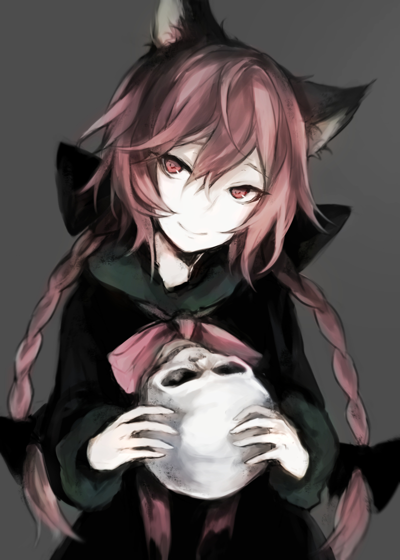 1girl animal_ear_fluff animal_ears black_bow black_dress bow bowtie braid cat_ears closed_mouth commentary dress eyebrows_hidden_by_hair grey_background hair_between_eyes hair_bow hasunokaeru holding holding_skull kaenbyou_rin long_hair long_sleeves looking_at_viewer nekomata red_bow red_bowtie red_eyes red_hair simple_background skull smile solo touhou tsurime twin_braids upper_body