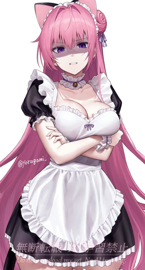 1girl ahoge alternate_costume animal_ears apron artist_name black_skirt black_sleeves breasts cat_ears cat_tail chinese_text choker cleavage clenched_teeth collarbone commentary crossed_arms dorothy_(nikke) dress english_text frilled_apron frilled_choker frilled_headwear frilled_sleeves frilled_wristband frills glaring goddess_of_victory:_nikke hair_between_eyes hair_bun hair_intakes large_breasts long_bangs long_hair maid open_mouth pink_hair purple_hair scowl shaded_face short_sleeves single_side_bun skirt solo tail teeth thighs twitter_username two-tone_dress very_long_hair white_apron white_choker white_dress white_wrist_cuffs wrist_cuffs yorugami_rei