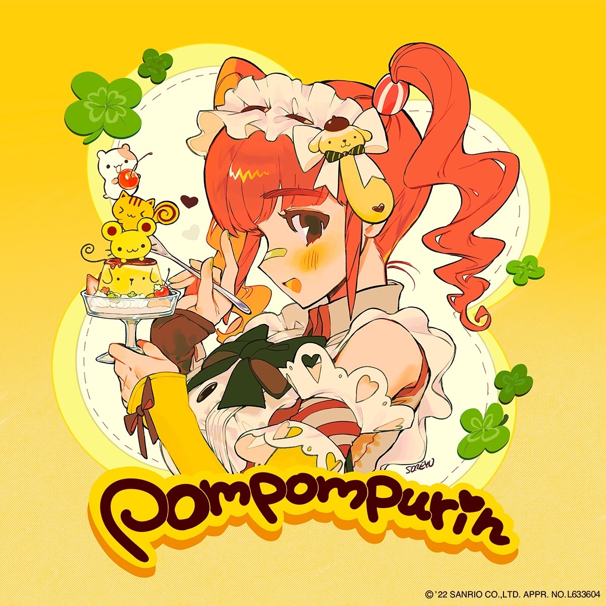 >_< 1girl :d apron arm_garter artist_name asymmetrical_sleeves bagel_(sanrio) bandaid bandaid_on_face bandaid_on_nose blunt_bangs blush bow bowtie brown_bow brown_eyes brown_sleeves character_hair_ornament character_name cherry closed_mouth clover collared_shirt commentary copyright_notice cup dessert detached_sleeves dotted_line english_commentary food four-leaf_clover frilled_apron frilled_hairband frills from_side fruit gradient_background green_bow green_bowtie green_nails grey_shirt hair_ornament hairband heart highres holding holding_cup holding_food holding_fruit holding_spoon long_sleeves looking_at_viewer mismatched_sleeves muffin_(sanrio) nail_polish official_art open_mouth orange_hair pompompurin portrait pudding red_shirt sanrio scone_(sanrio) shirt short_twintails sidelocks signature smile solo soreeyu_(sore-yu) spoon strawberry twintails white_apron white_hairband yellow_background yellow_sleeves