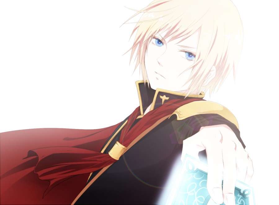 1boy ace_(fft-0) akademeia_uniform blonde_hair blue_eyes cape card eye_contact facing_viewer final_fantasy final_fantasy_type-0 holding jacket looking_at_another looking_at_viewer male_focus medium_hair scarf school_uniform short_hair solo weapon