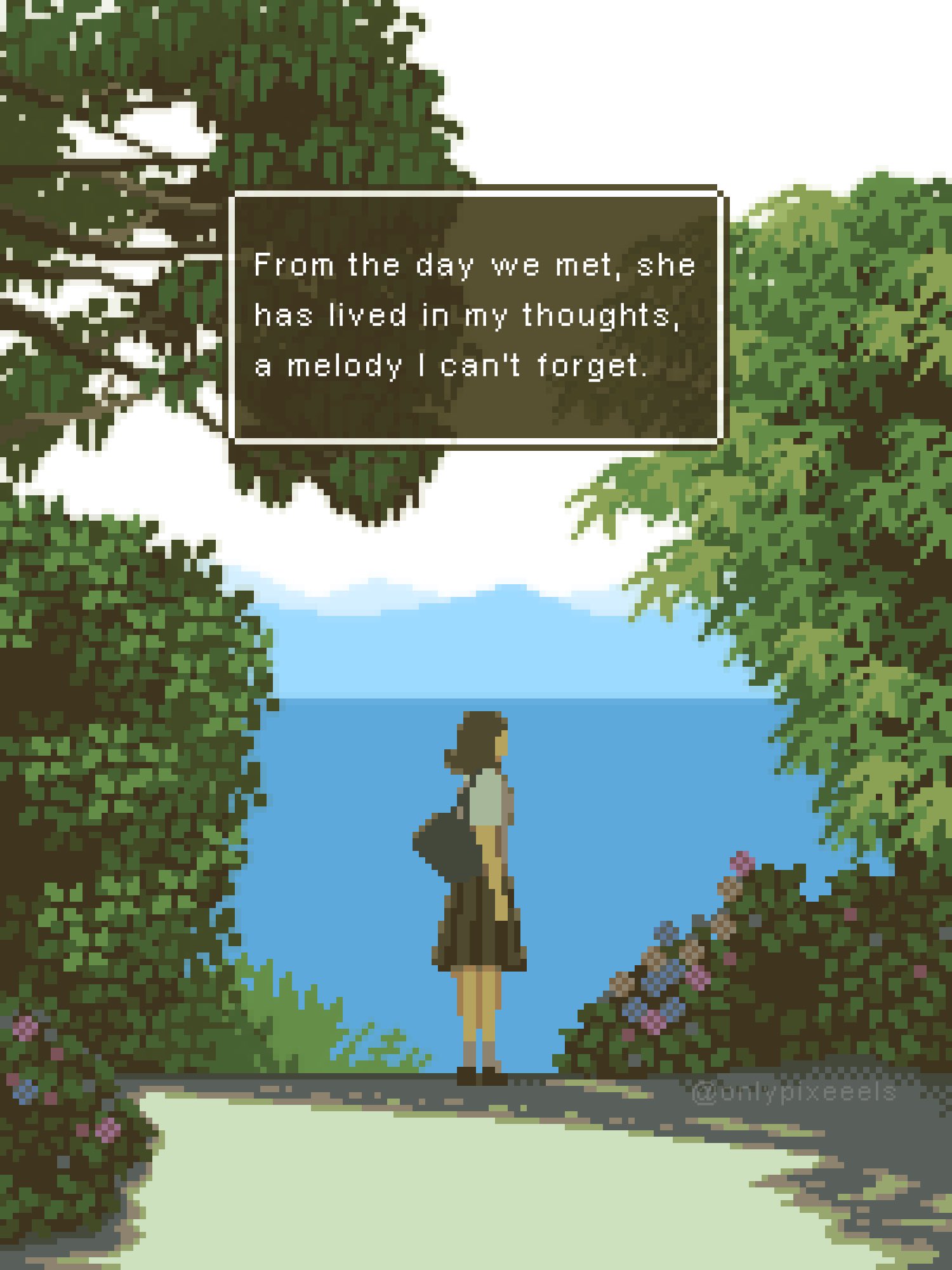 1girl atmospheric_perspective bag brown_hair bush day english_text faceless flower from_side highres in_shadow mountainous_horizon ocean onlypixeeels original outdoors scenery shadow short_hair shoulder_bag skirt solo tree