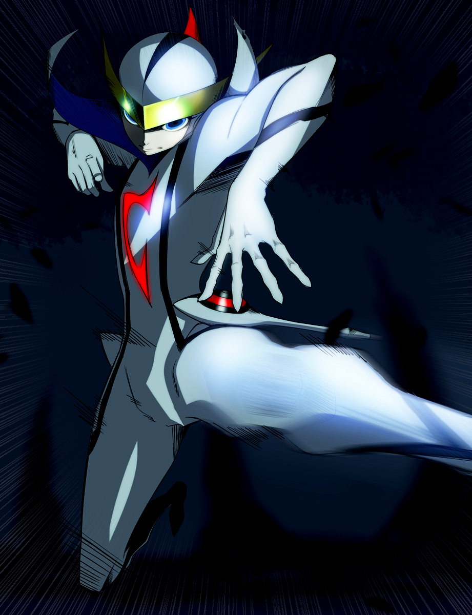 1boy blue_background blue_eyes bodysuit casshern casshern_(series) casshern_sins closed_mouth commentary_request emphasis_lines expressionless full_body helmet highres jumping looking_at_viewer male_focus solo v-fin white_bodysuit yinai_way