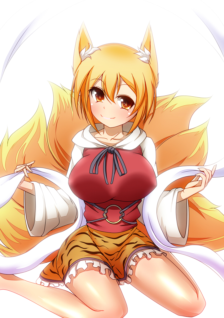 1girl animal_ears animal_print blonde_hair breasts cosplay female_focus fox_ears fox_tail large_breasts long_sleeves merry_(diameri) multiple_tails shawl shirt sitting skirt smile solo tail tiger_print toramaru_shou toramaru_shou_(cosplay) touhou wariza wide_sleeves yakumo_ran yellow_eyes