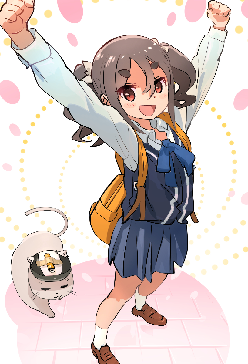 1girl :d animal arms_up backpack bag blue_ribbon blue_skirt blue_vest bow brown_hair brown_shoes cardigan_vest cat clenched_hands collared_shirt full_body hat highres holding holding_bag kiriyama_an kyarahiba light_blush loafers long_sleeves looking_at_viewer mono_(afro) neck_ribbon open_mouth outstretched_arms penlight_(flashlight) pleated_skirt ribbon school_uniform shirt shoes skirt smile socks taishou_(mono) tape thick_eyebrows tile_floor tiles twintails vest white_bow white_cat white_shirt white_socks yellow_bag