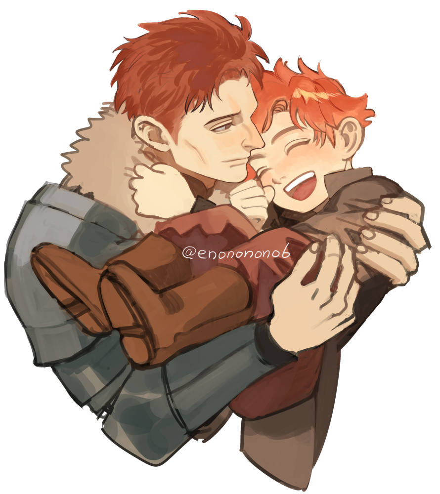2boys ^_^ aged_down armor black_coat blush boots brown_boots closed_eyes closed_mouth coat collared_coat cropped_torso enononono6 father_and_son fire_emblem fire_emblem:_three_houses fur_trim male_focus matthias_raoul_gautier multiple_boys nintendo open_mouth orange_hair pants popped_collar red_eyes red_hair red_pants simple_background smile sylvain_jose_gautier teeth twitter_username upper_teeth_only white_background white_fur