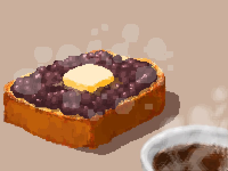 beans_on_toast bowl bread bread_slice butter food food_focus hisachan55cute no_humans original pixel_art red_bean scenery shadow simple_background soup steaming_food toast