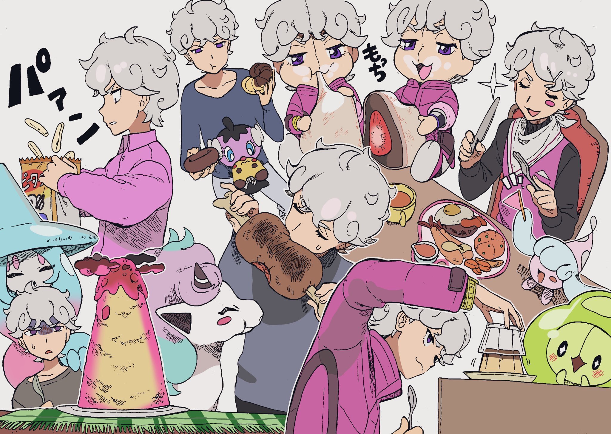 1boy bede_(pokemon) blush_stickers chewing closed_eyes closed_mouth collarbone commentary_request cup duosion eating egg_(food) food fried_egg galarian_form galarian_ponyta gen_5_pokemon gen_8_pokemon gothita grey_hair grey_shirt hatenna hatterene highres holding holding_knife holding_spoon knife looking_down mug nashubi_(to_infinity_wow) nintendo open_mouth opening pokemon pokemon_(creature) pokemon_swsh pudding purple_eyes shaded_face shirt spoon tongue translation_request